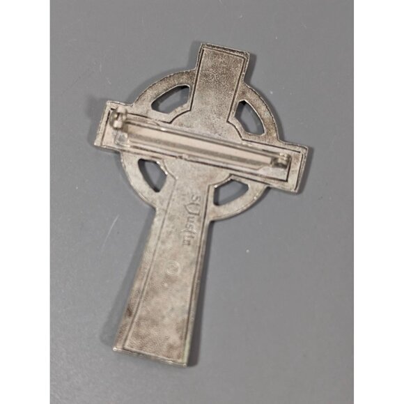 Vintage St Justin Pewter Cross Pin Brooch Celtic Knot Silver Tone - Picture 5 of 7